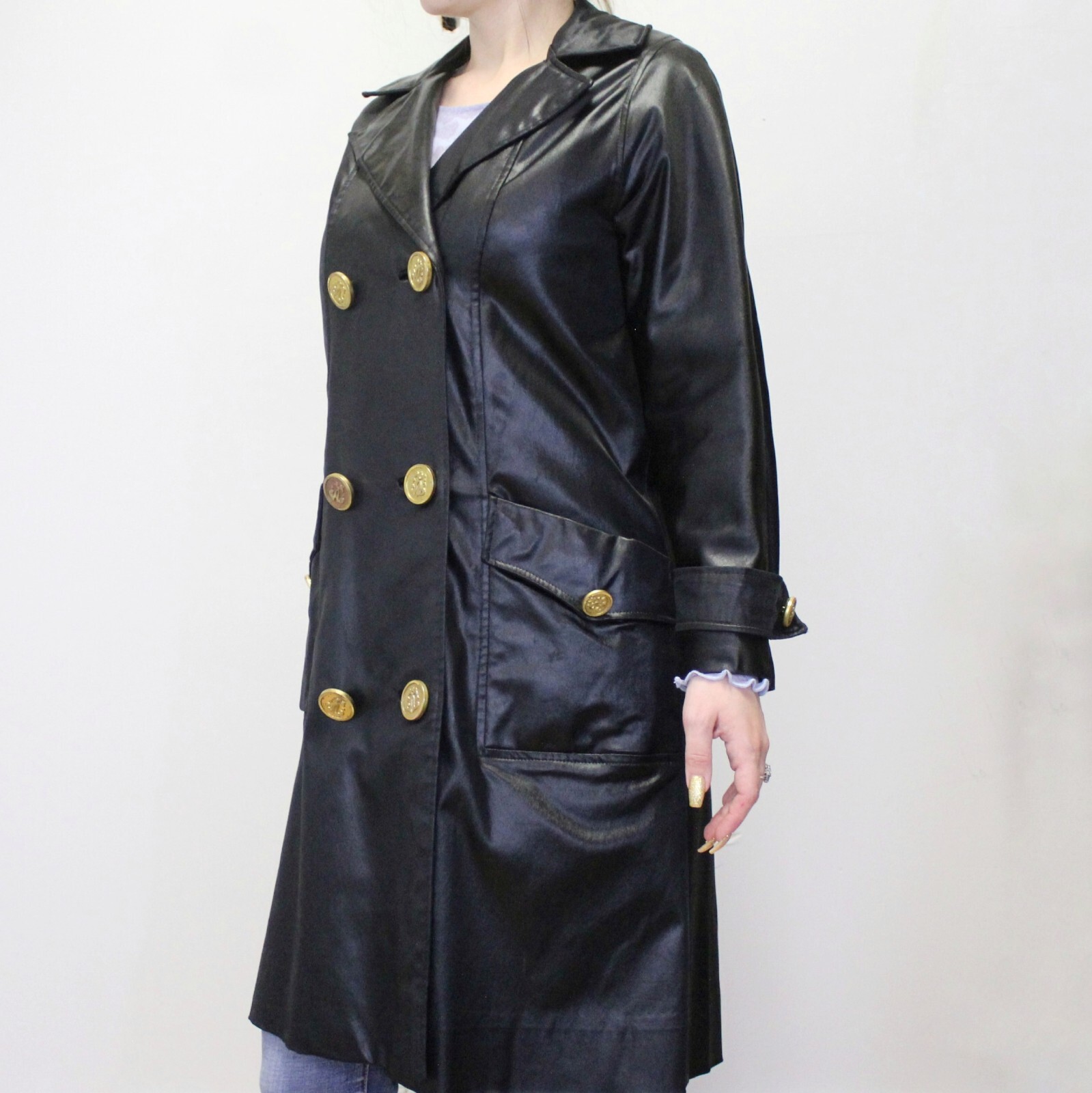 Vintage 60s Gothic Mod Black Satin Trench Coat by Count Romi Double Breasted