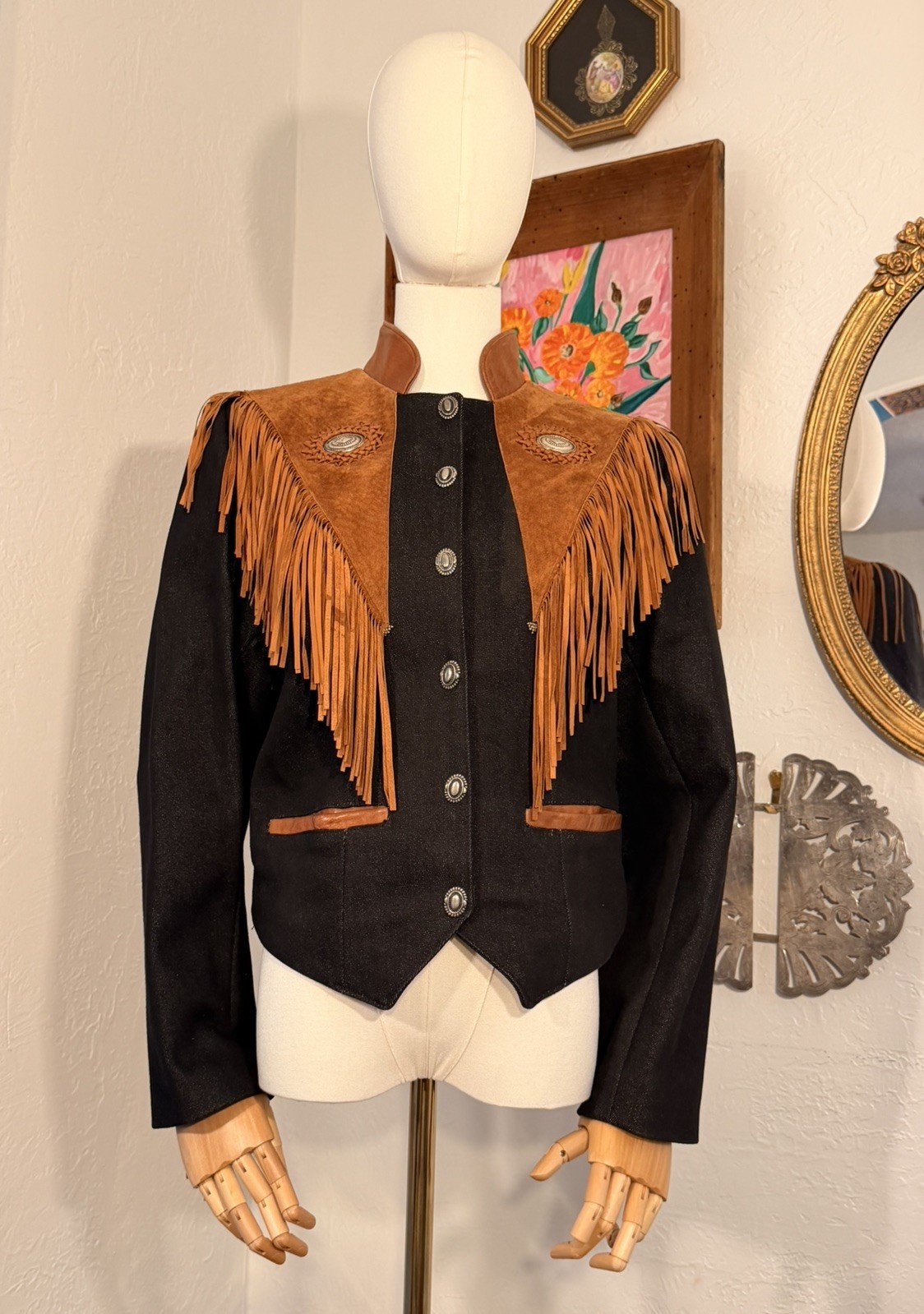 Vintage Diamond Denim & Leather Made In USA Western Fringe Jacket Size 8