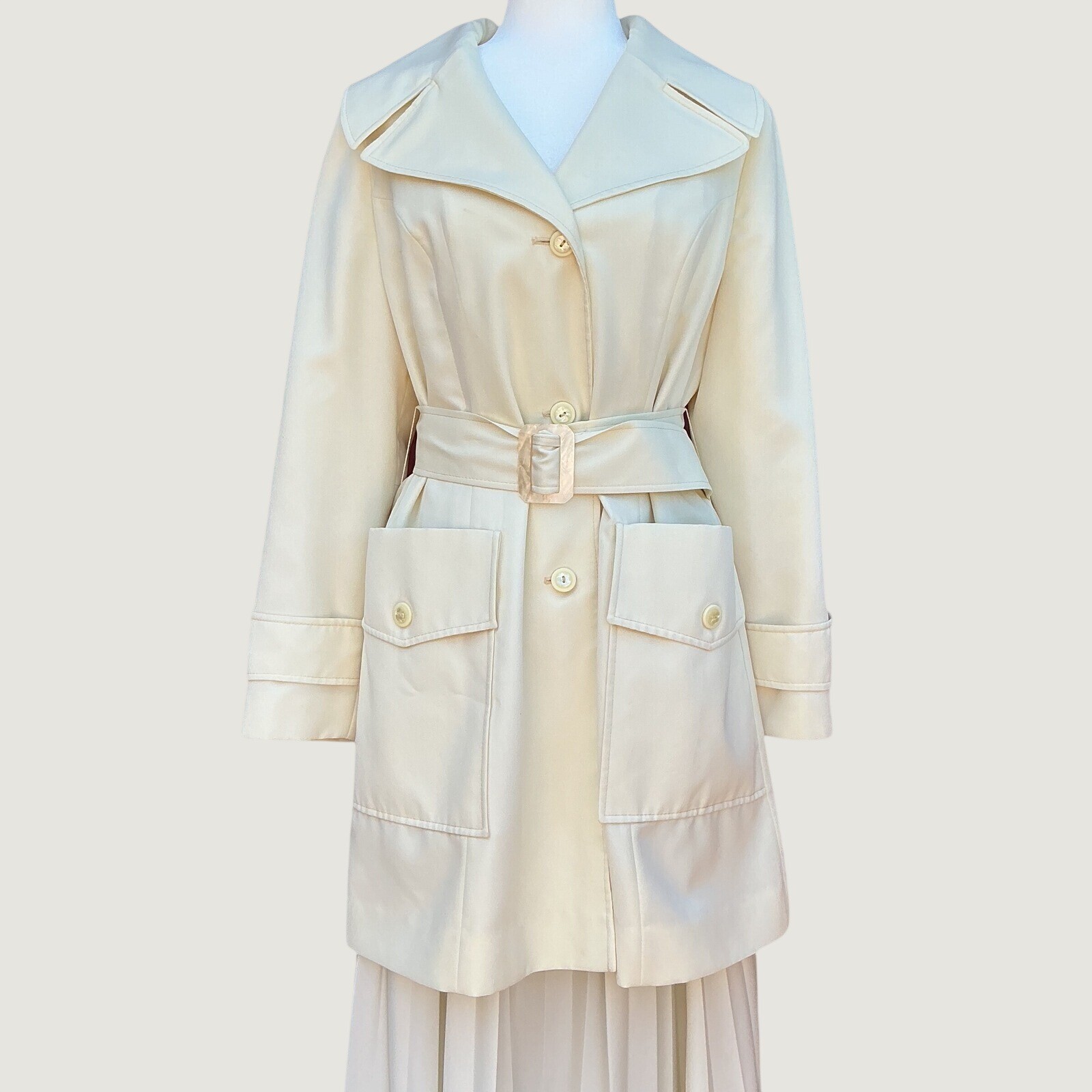 Vintage 70s Betty Rose Ivory Belted Rain Coat Womens M Jackie O Mod Trench USA