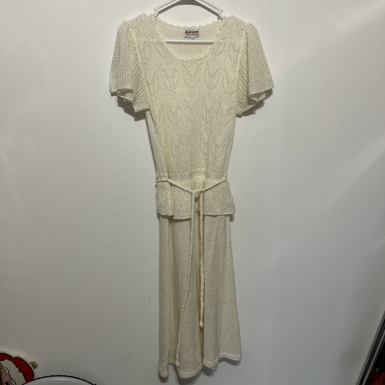 VTG Just-Mort Crochet Ivory Sweater Dress L Flutter Sl Bohemian Mori Cottagecore