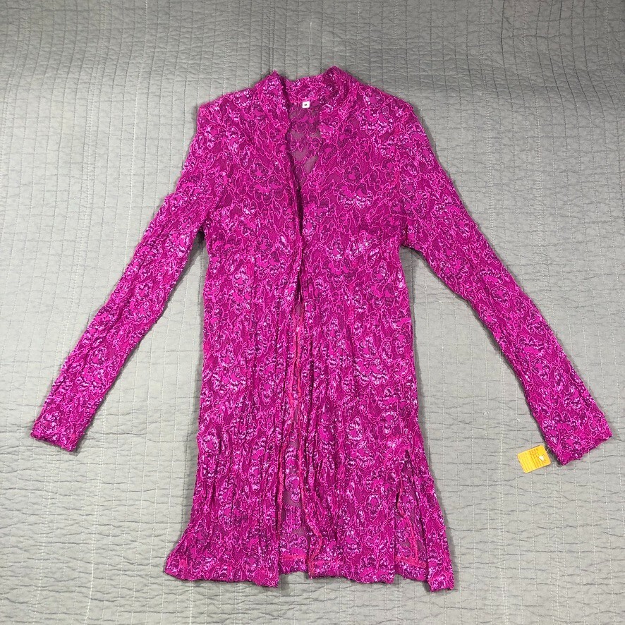 Vintage Y2K Jacket Women Medium Pink Glitter Sheer Lace Festival Kimono Boho NWT