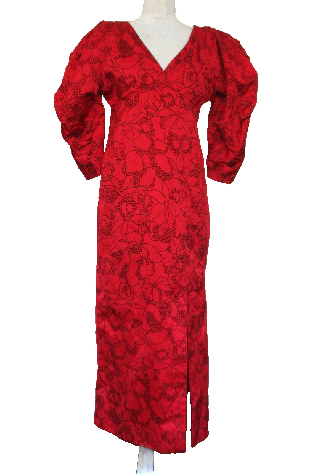 Vintage Pauline Trigere Evening Gown Medium Women Red Satin Flocked Maxi Dress