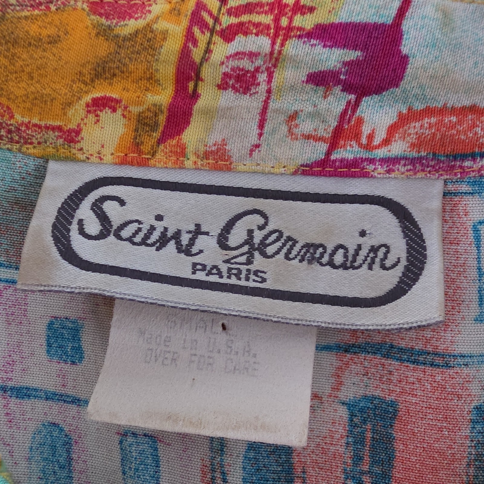 Vtg 1980s Saint Germain Rayon Blouse Top Yellow Abstract Buildings Print Size SM