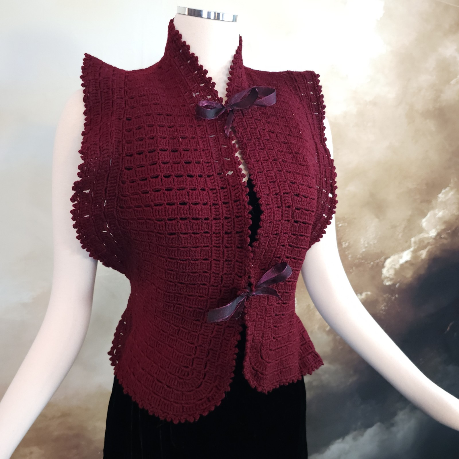 Burgandy Red Crochet Antique Vest 1920s 1930s Art Deco Sweater Shawl Bow Ties…