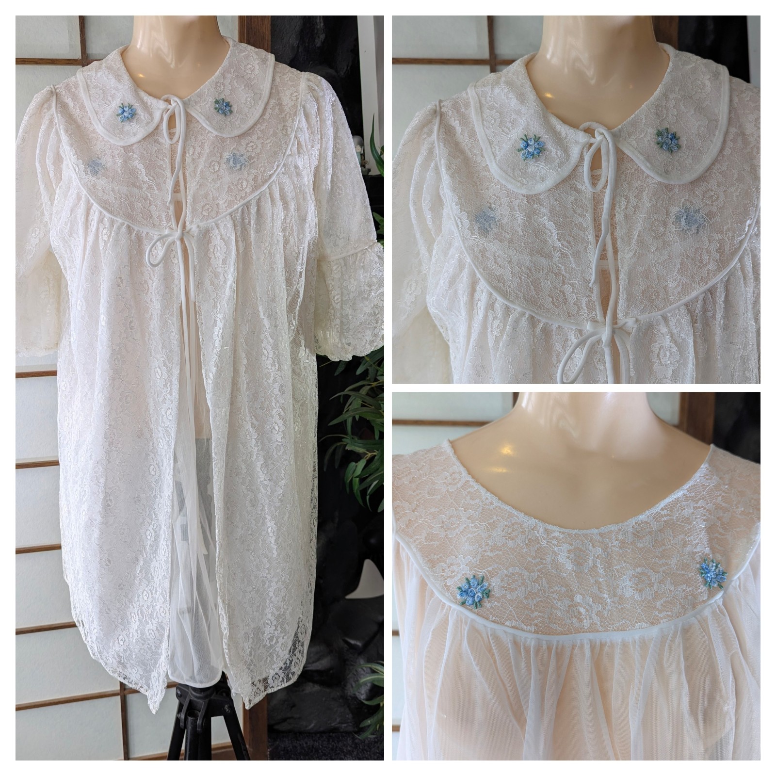 Vtg GMC Peignoir Robe Gown Lingerie Set White Chiffon Chantilly Lace Sz M 1960s