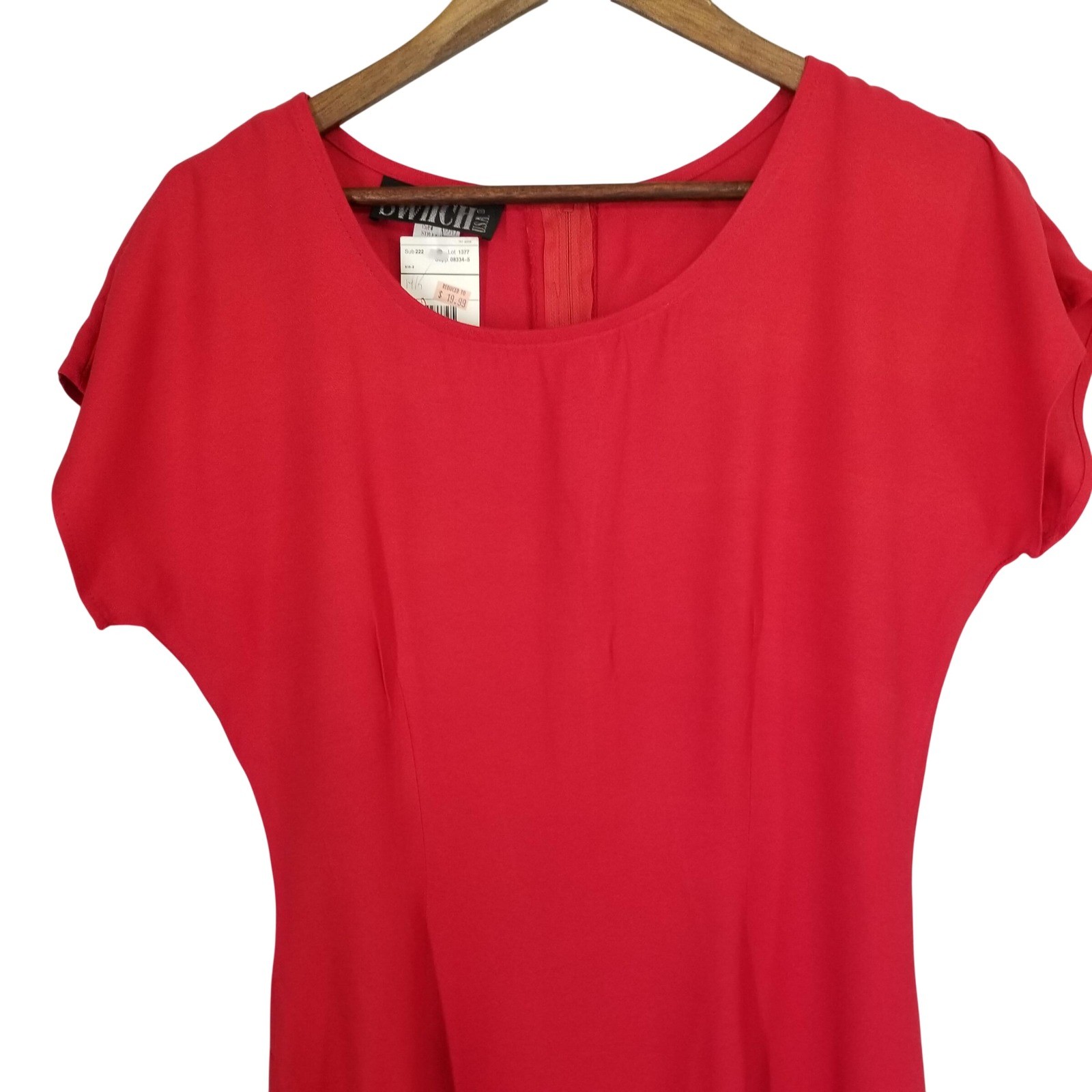 Vintage Switch USA Red Rayon Sheath Dress Midi Short Sleeve Made in USA Size 9