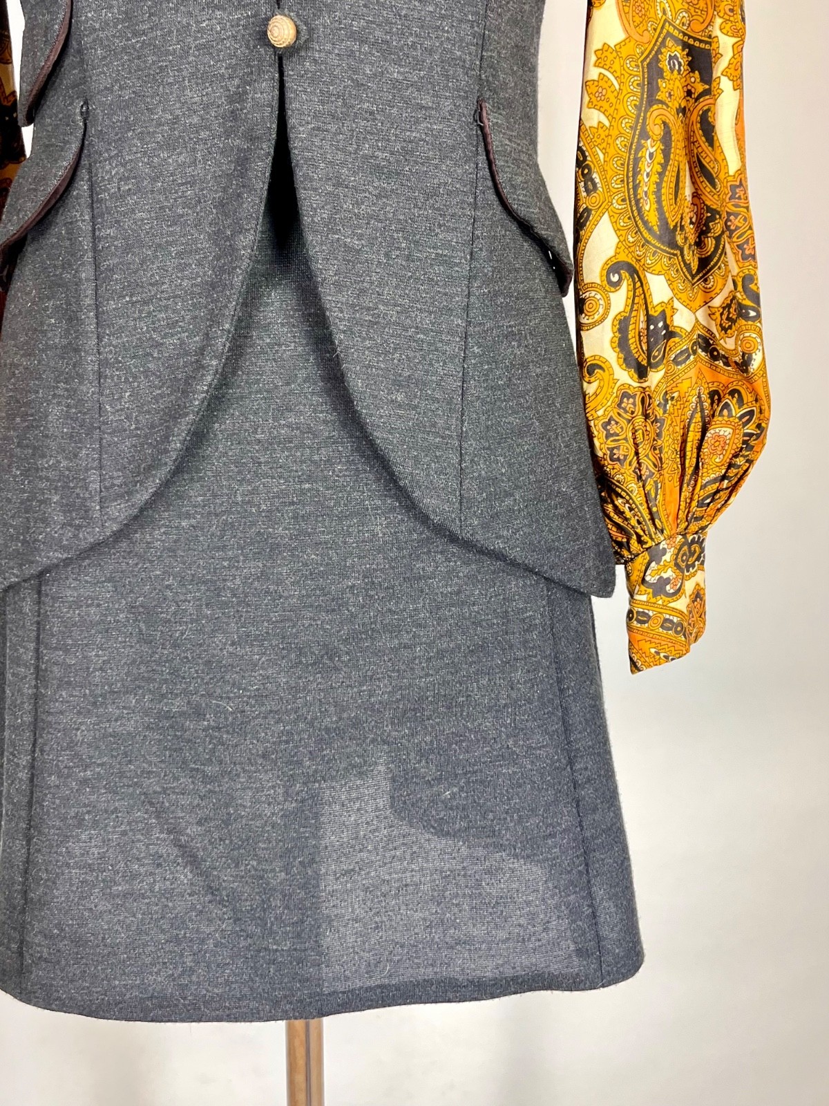 Vintage 1960’s-1970’s Kelly Arden (petite) grey, paisley dress & vest 2-pc. set