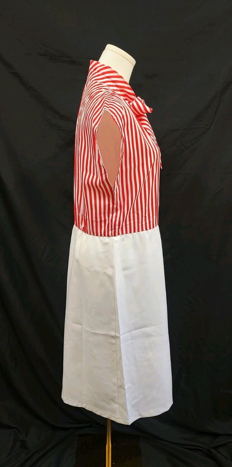 70’s Vintage Day Dress Casual Red & White Stripe Bow Neck White Skirt Summer 12