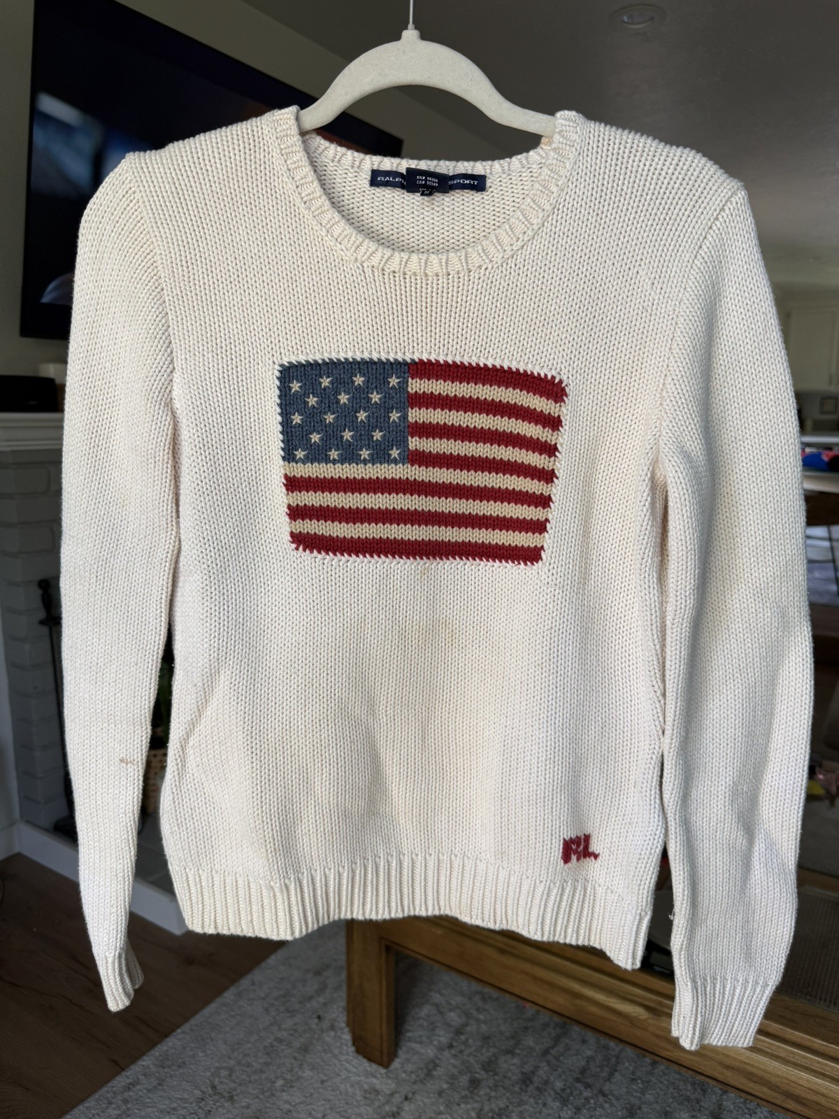 Vintage Polo Ralph Lauren USA American Flag RL Knit Sweater Cream Womens Medium