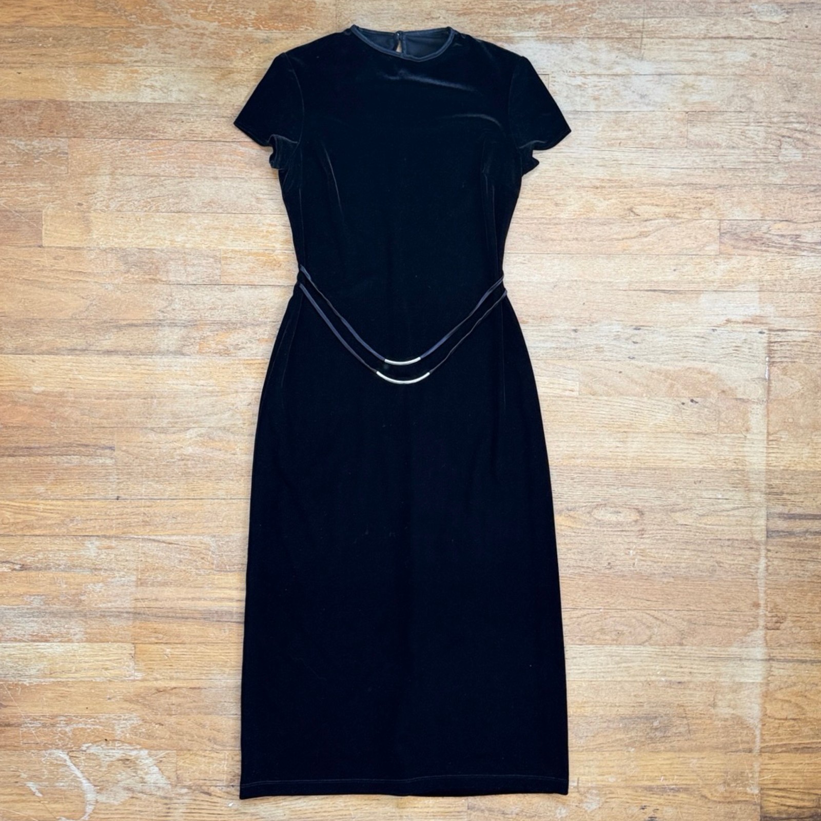 Vintage Black Crushed Velvet Midi Dress with Belt Detail Size Small Satin Trim