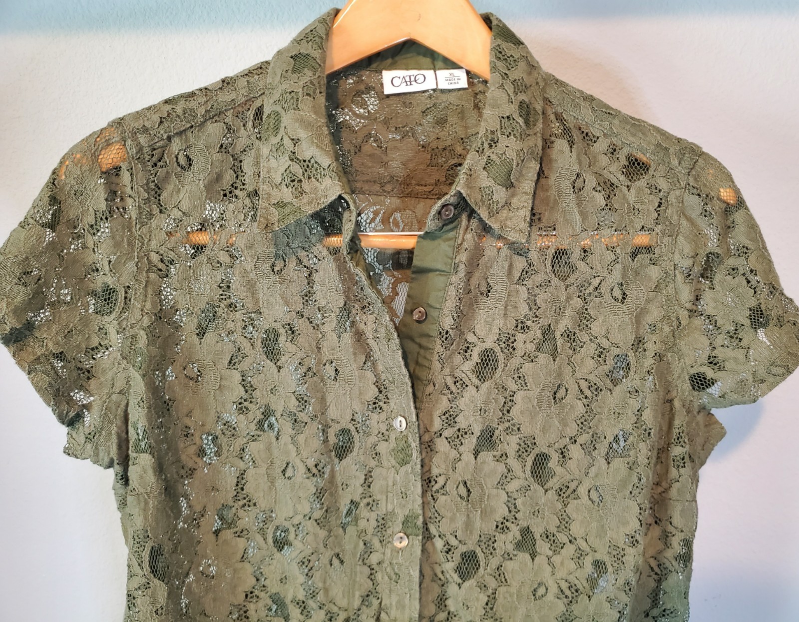 CATO Y2K Olive Green Floral Lace Button Up Shirt Womens XL Boho Goth