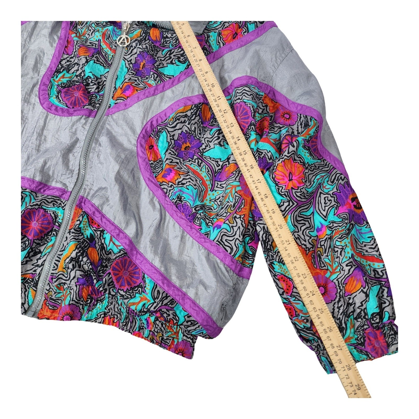 Adolfo Sport Vintage 90s Retro Windbreaker Jacket Silver Floral Abstract Zip M