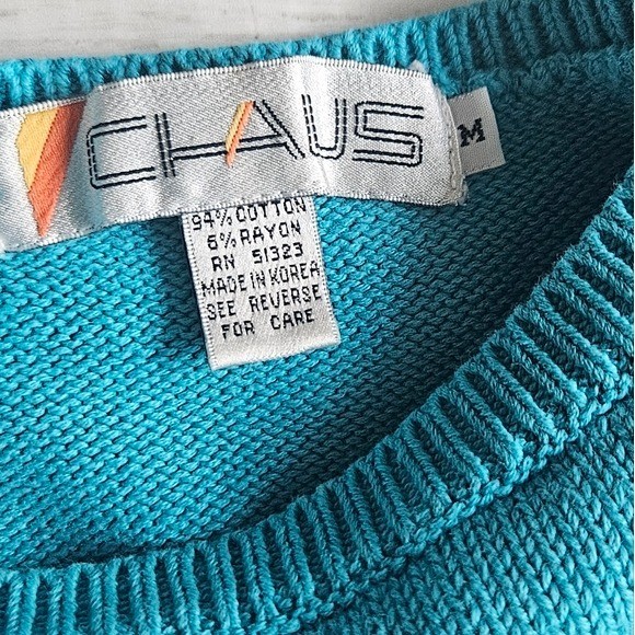 Vintage Chaus Turquoise Blue Abstract 3D Squiggle Knit Sweater Vest Top Medium