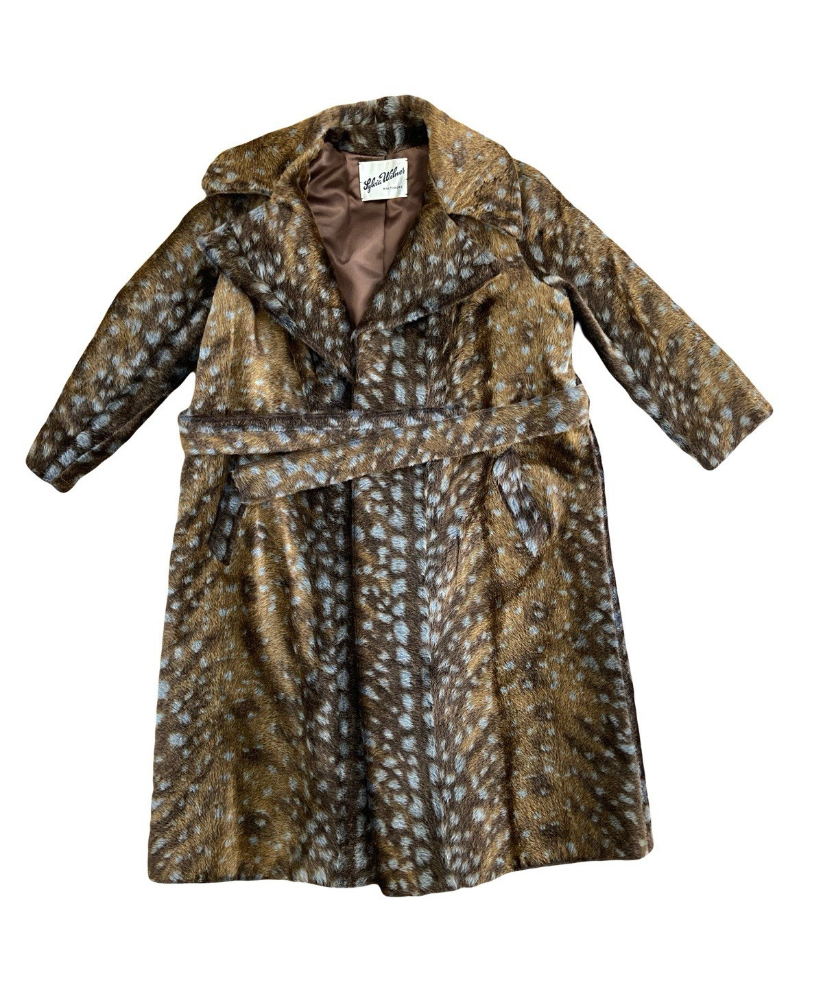 Vintage 1960s Ed Millstein Fawn Deer Print Animal Faux Fur Belted Overcoat S