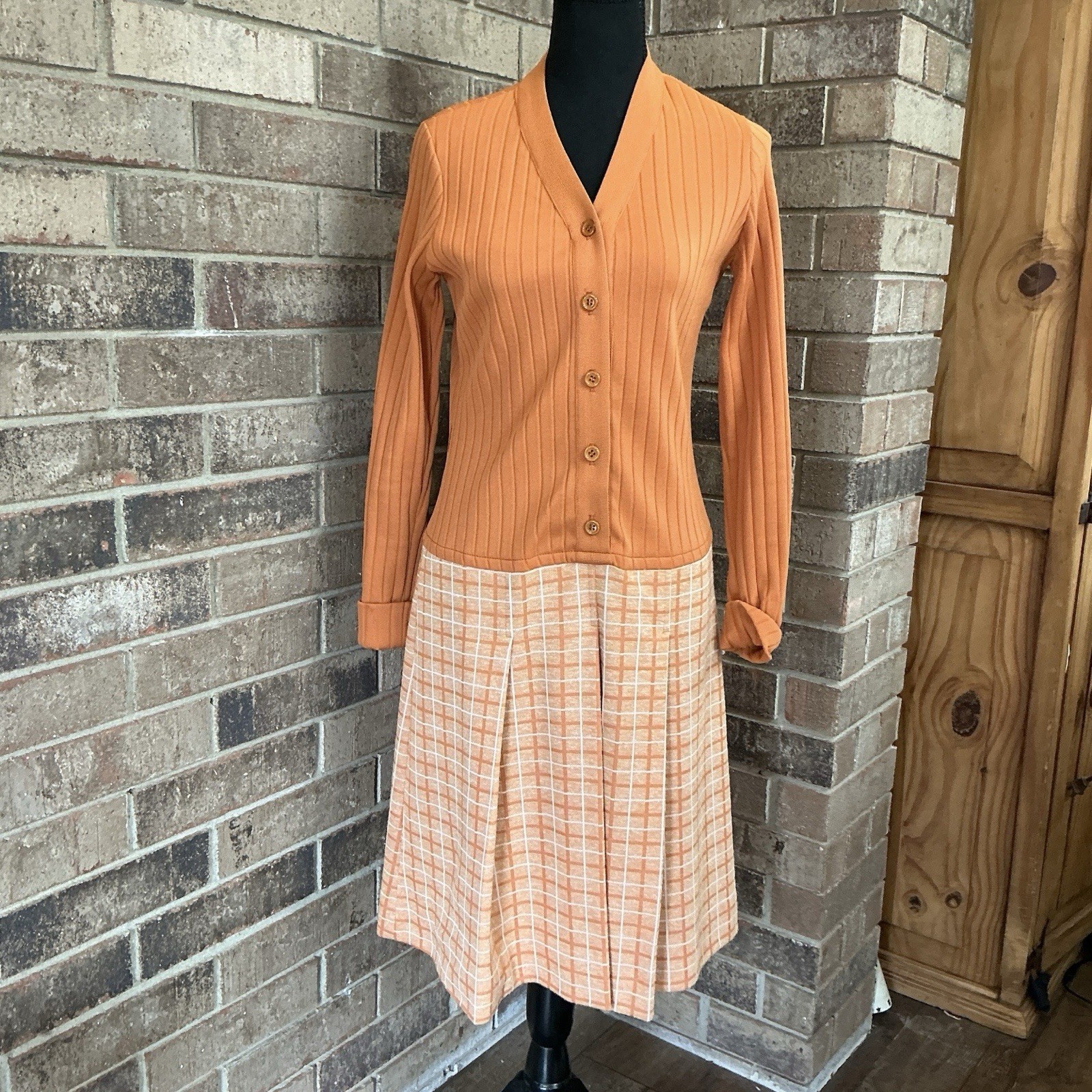 60s 70s VTG Neiman Marcus Orange Knit Plaid Drop Waist Dress Size 10 ILGWU #38D7