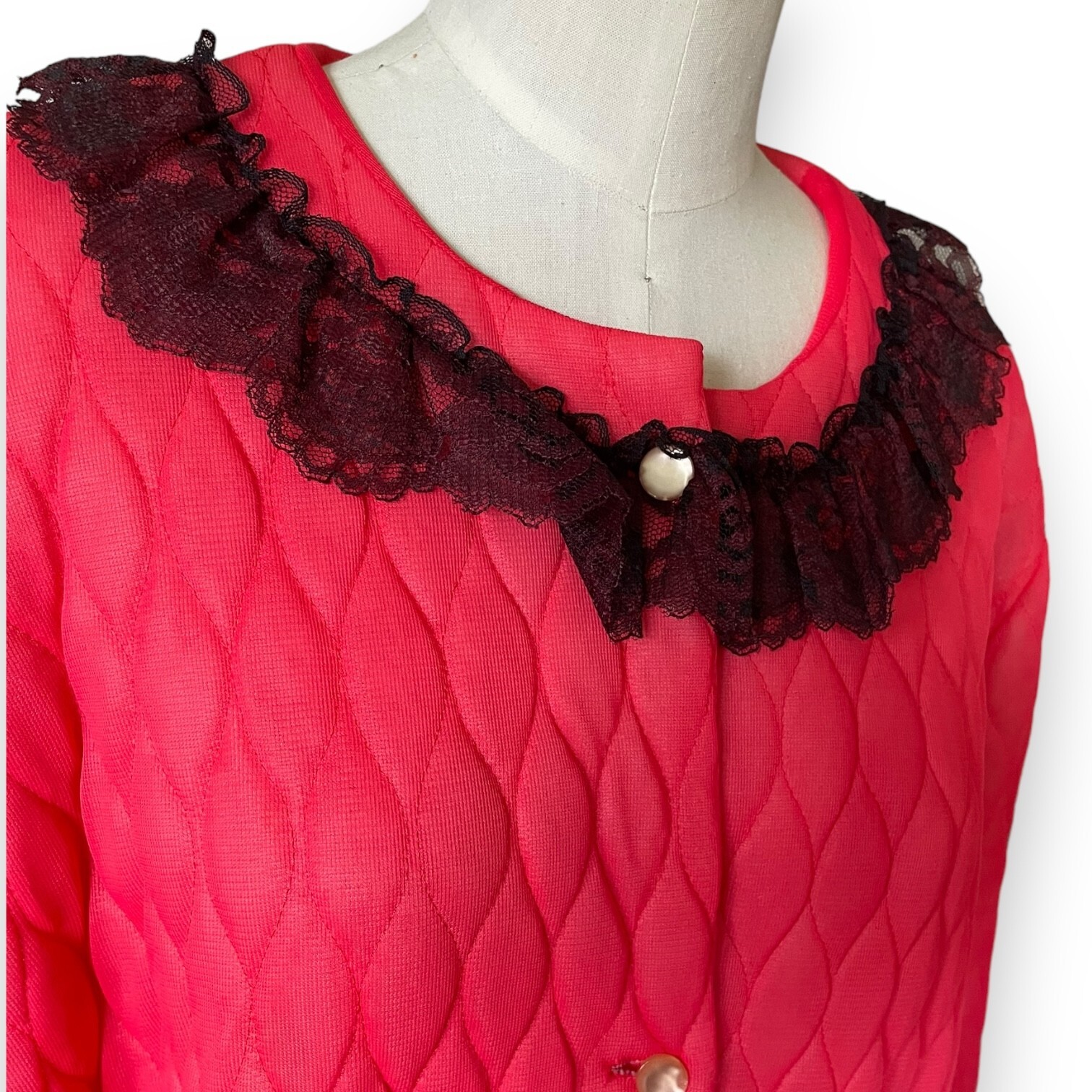 Vintage 50s 60s Paulette Red Quilted Loungewear Robe Black Lace Sz 16 House Coat