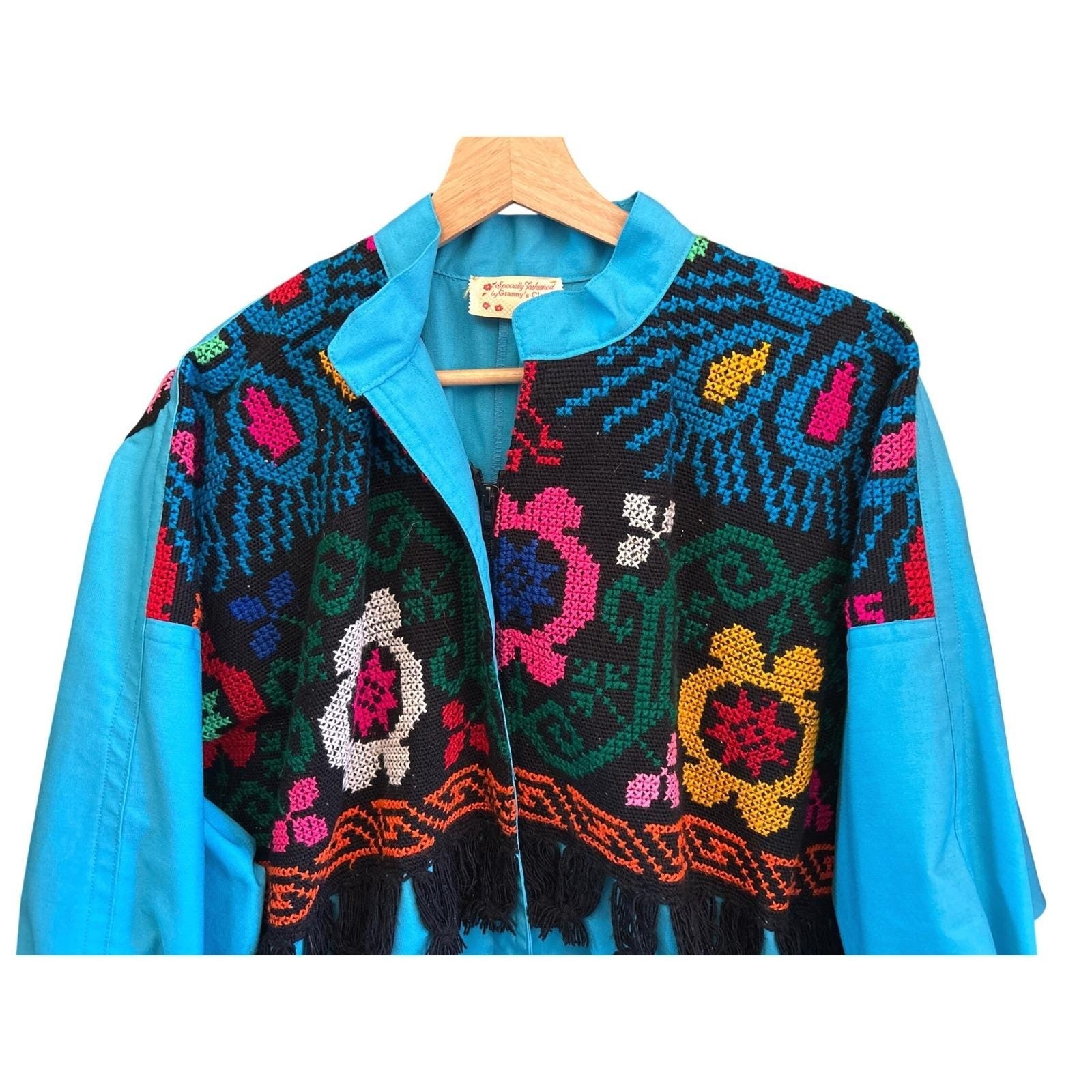 Vintage Granny’s Closet Jacket Embroidered Folk Art Boho Fringe Turquoise Blue