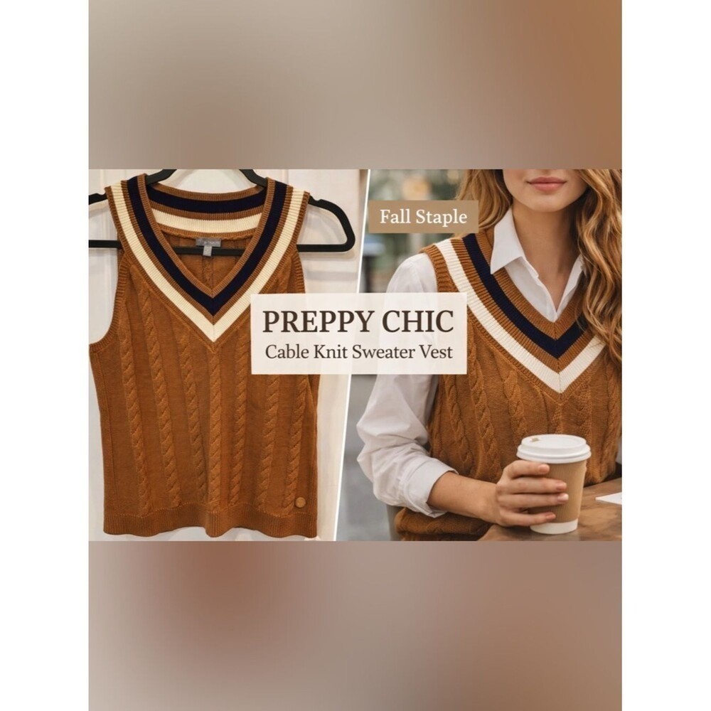 T by Talbots Cable Knit Sweater Vest Mustard V-Neck Stripe Trim Preppy Chic Sz M