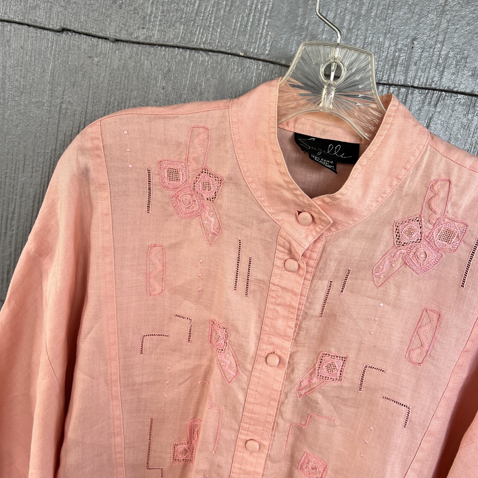 Suzelle Vintage Button Down Shirt Top Womens 12 Large Pink Ramie Blouse Western