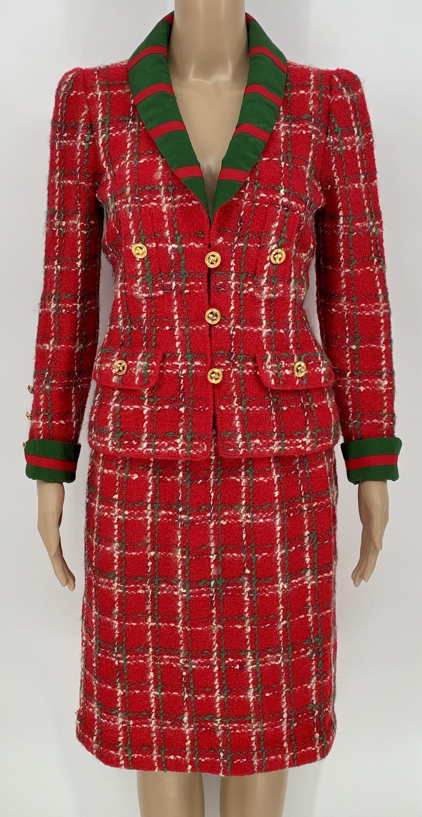 VTG Adolfo Knit Jacket & Skirt Suit SMALL Red/Green Saks Fifth Ave Stunning!