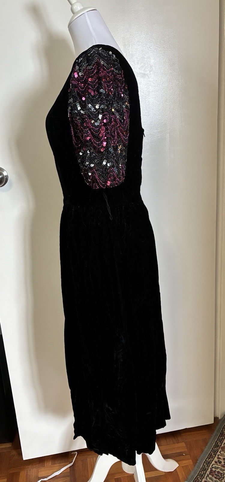 Vintage 80s Black Velvet Sequinned Sleeve Dress Small