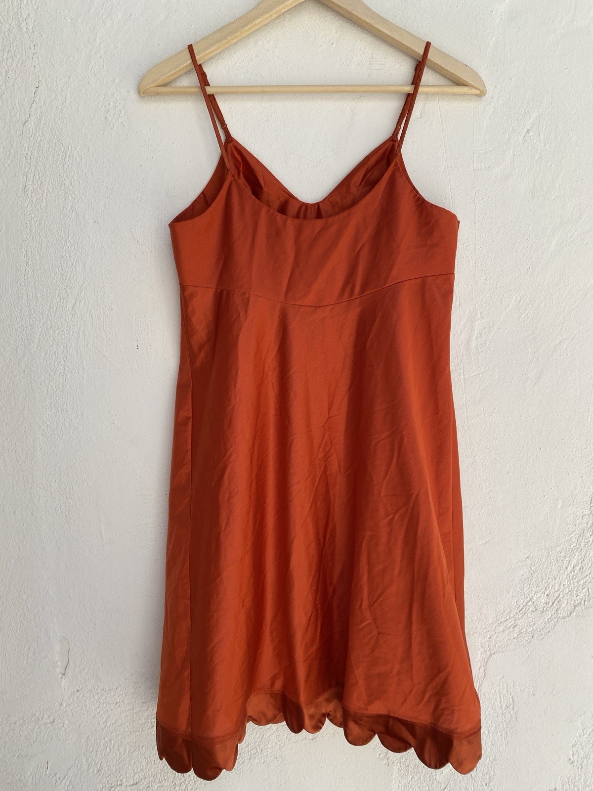 Vintage 70s Vanity Fair 34 S Slip Dress Scalloped Hem Burnt Orange
