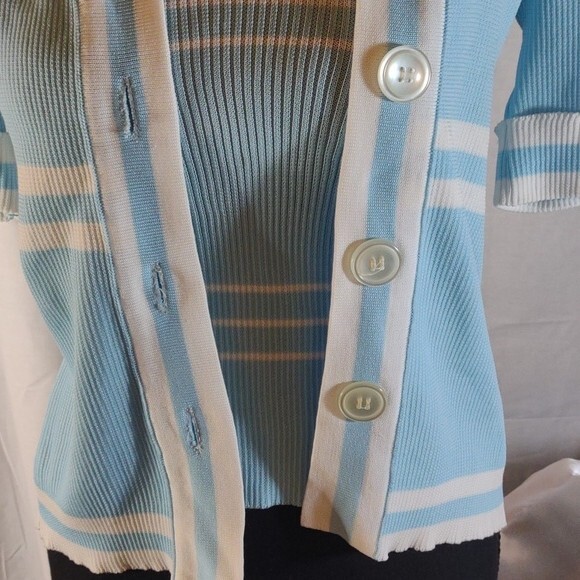 Vintage 70’s Light Blue w/White Stripes Short Sleeve Cardigan w/ Faux Tank – M