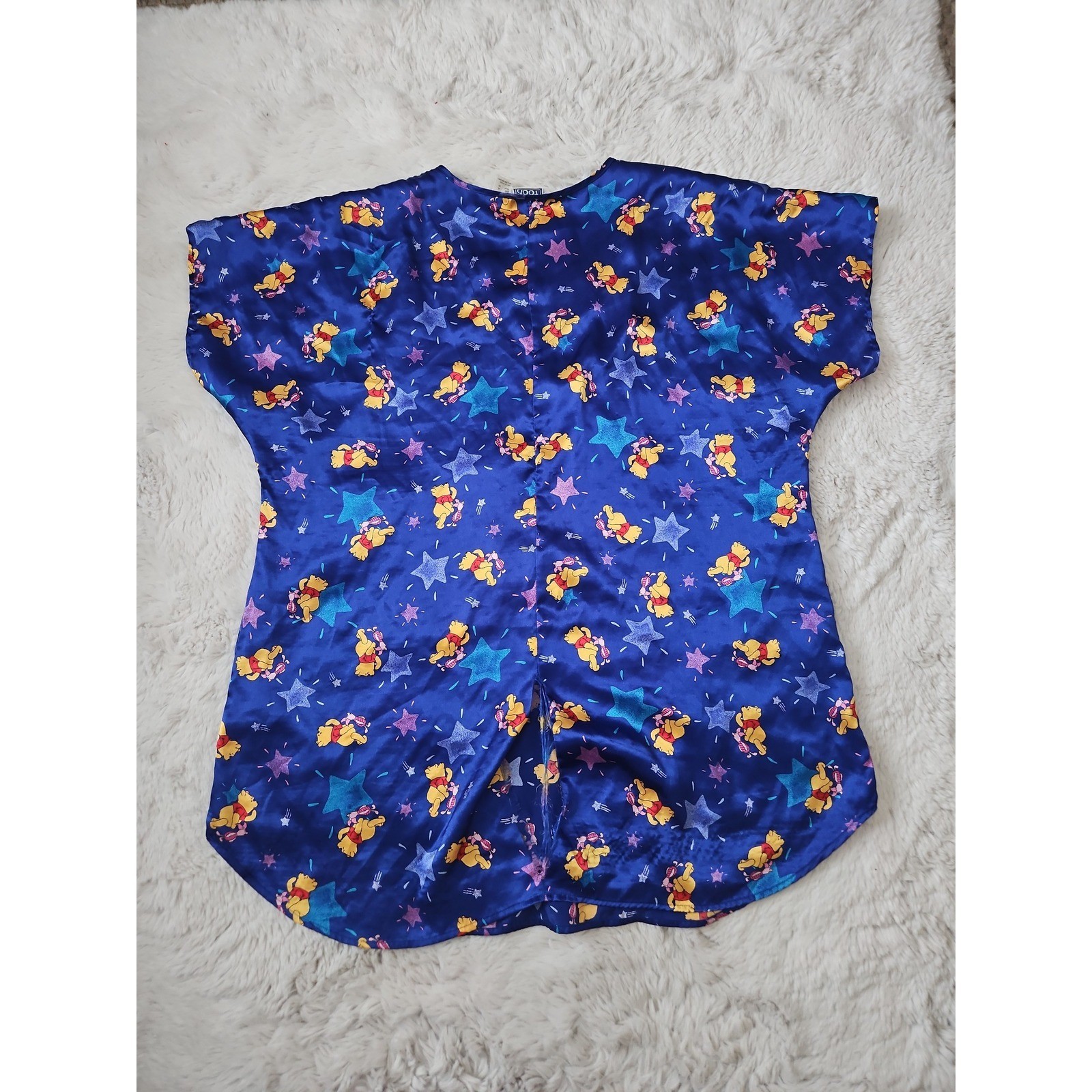 Vintage Winnie The Pooh Disney Satin Nightgown XL Blue Stars Sleepwear Dress