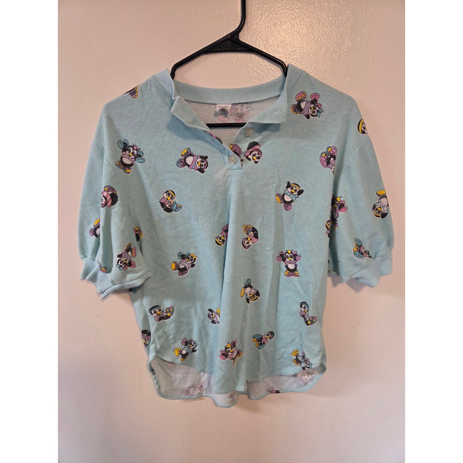 Vintage Sky Lite Fashion Penguin Print Polo Shirt Light Blue Short Sleeve USA