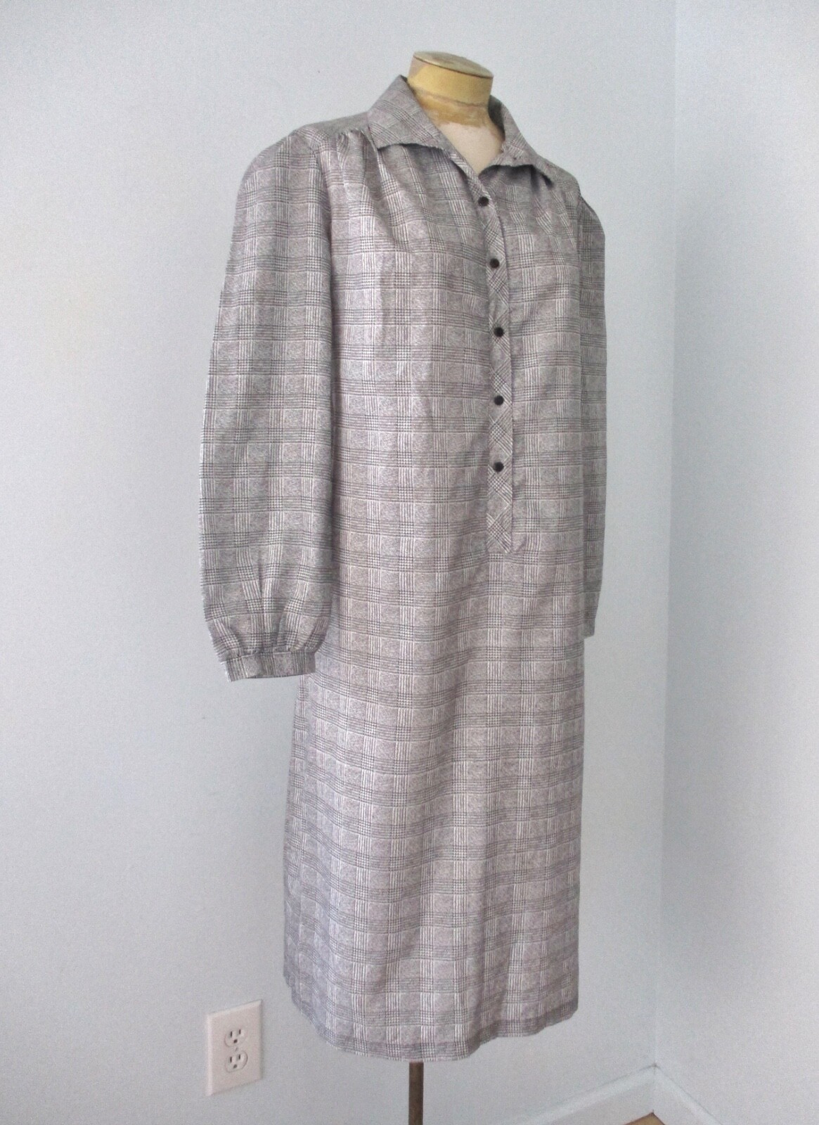 Vtg 70s Walden Black White Checker Plaid Silky Poly Secretary Shirt Dress USA 18