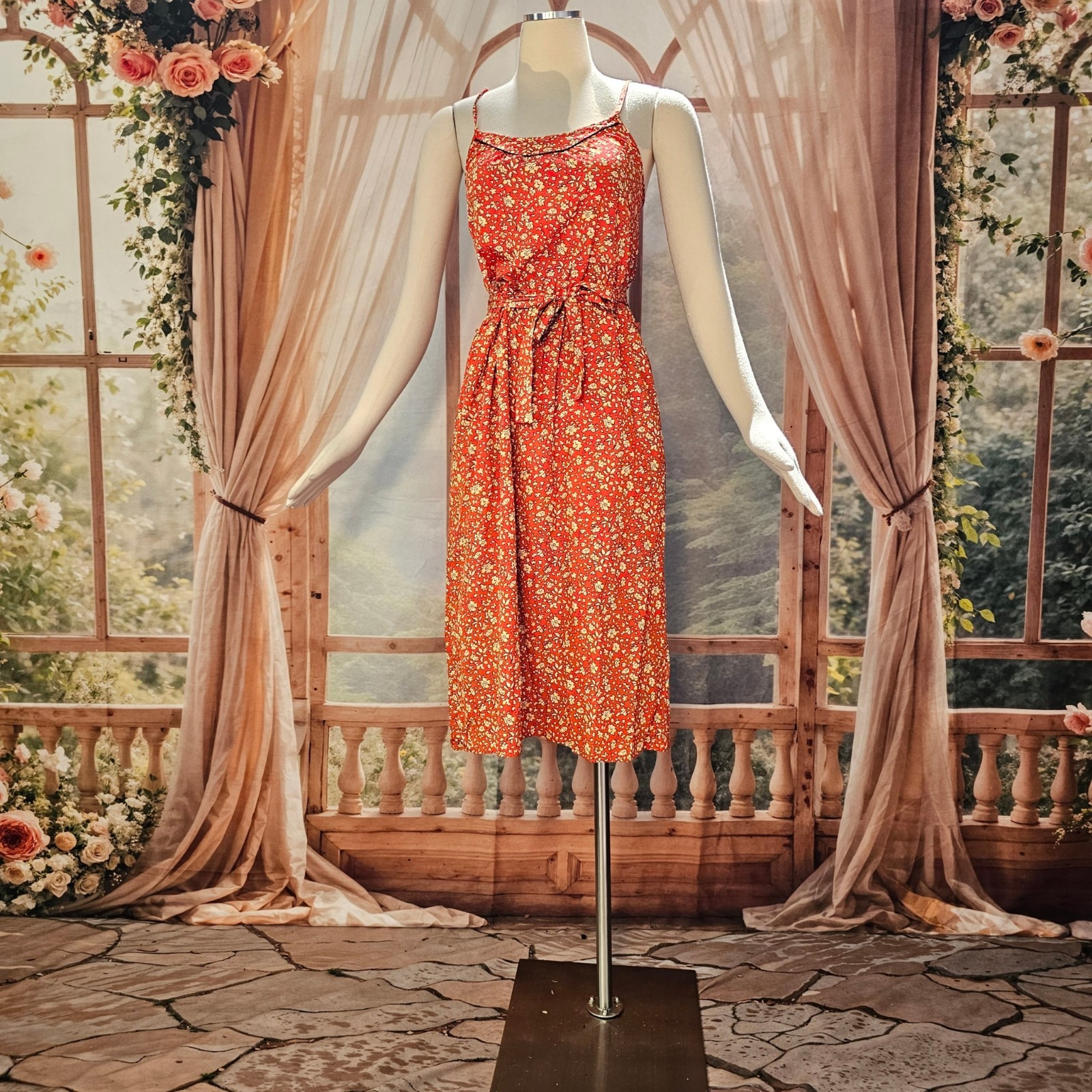 Vintage 1970s Dress Sundress Spaghetti Straps Tie Belt Red Cream Floral Boho