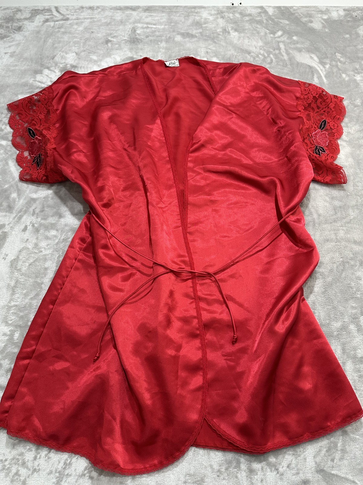 Sedu Lingerie Women’s Size Large Red Vintage Top Lace Sleeve Tie Off Rose EUC