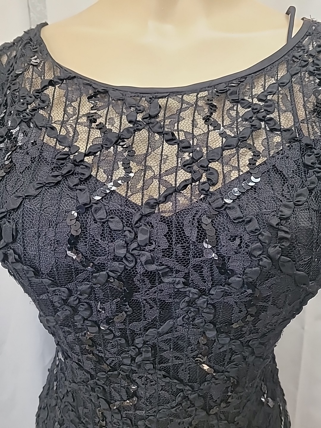 Vintage HW Collections Black Lace Dress Sequin Drop Waist Flutter Sleeve Size S