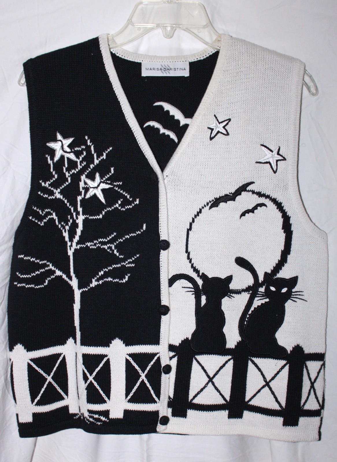 Marisa Christina Cat Sweater Vest Embroidered Black Cats Bats and Stars