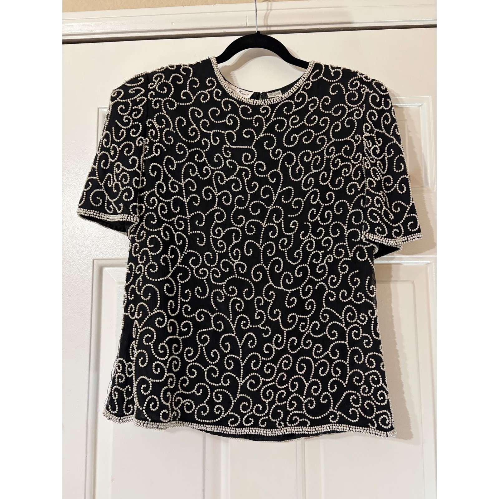 Vintage Beaded Silk Blouse | XL| Black Laurence Kazar New York