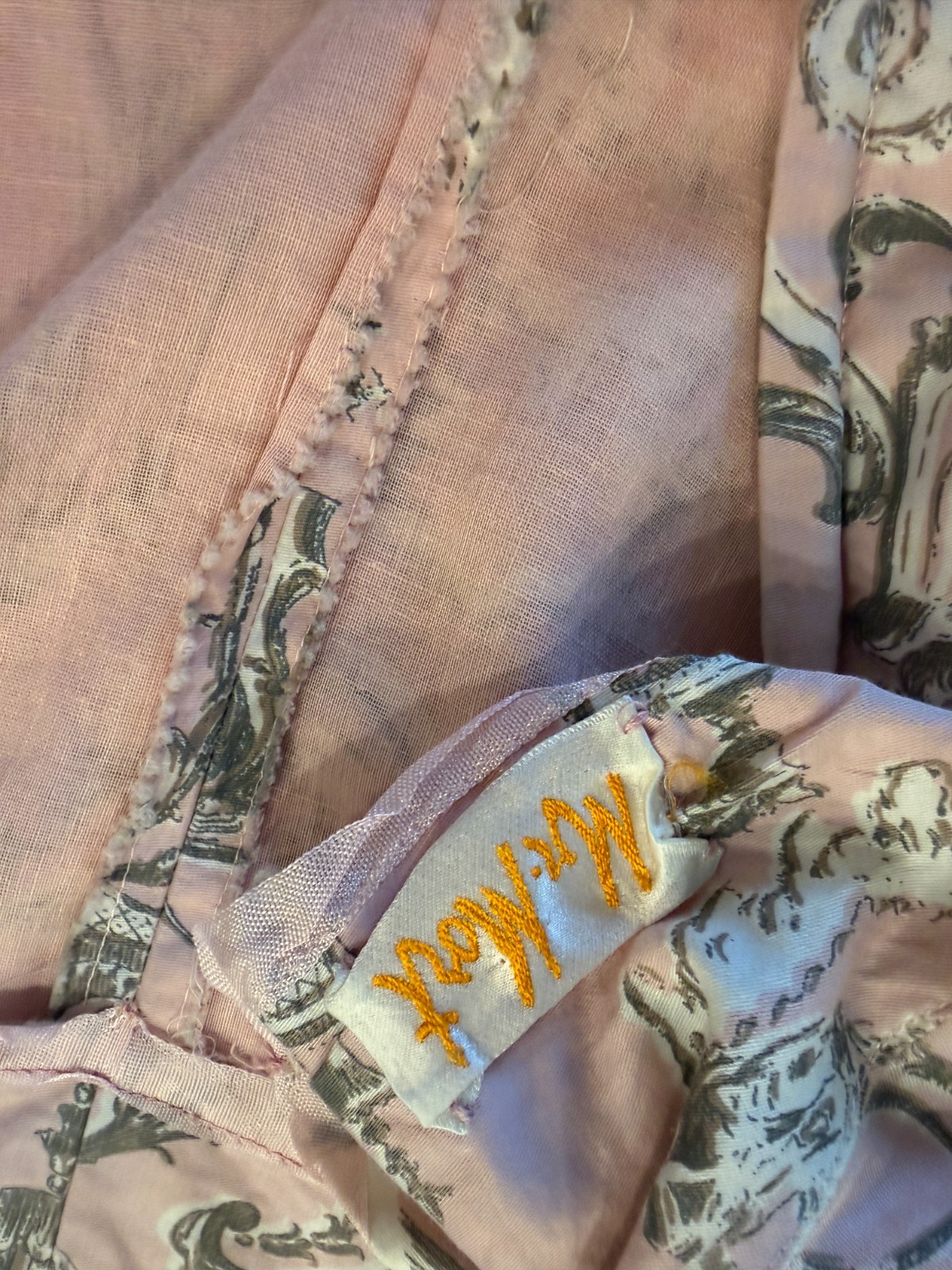 🎀 Vintage Mr Mort Pink Baroque Toile Fit & Flare Dress Full Skirt Cotton L