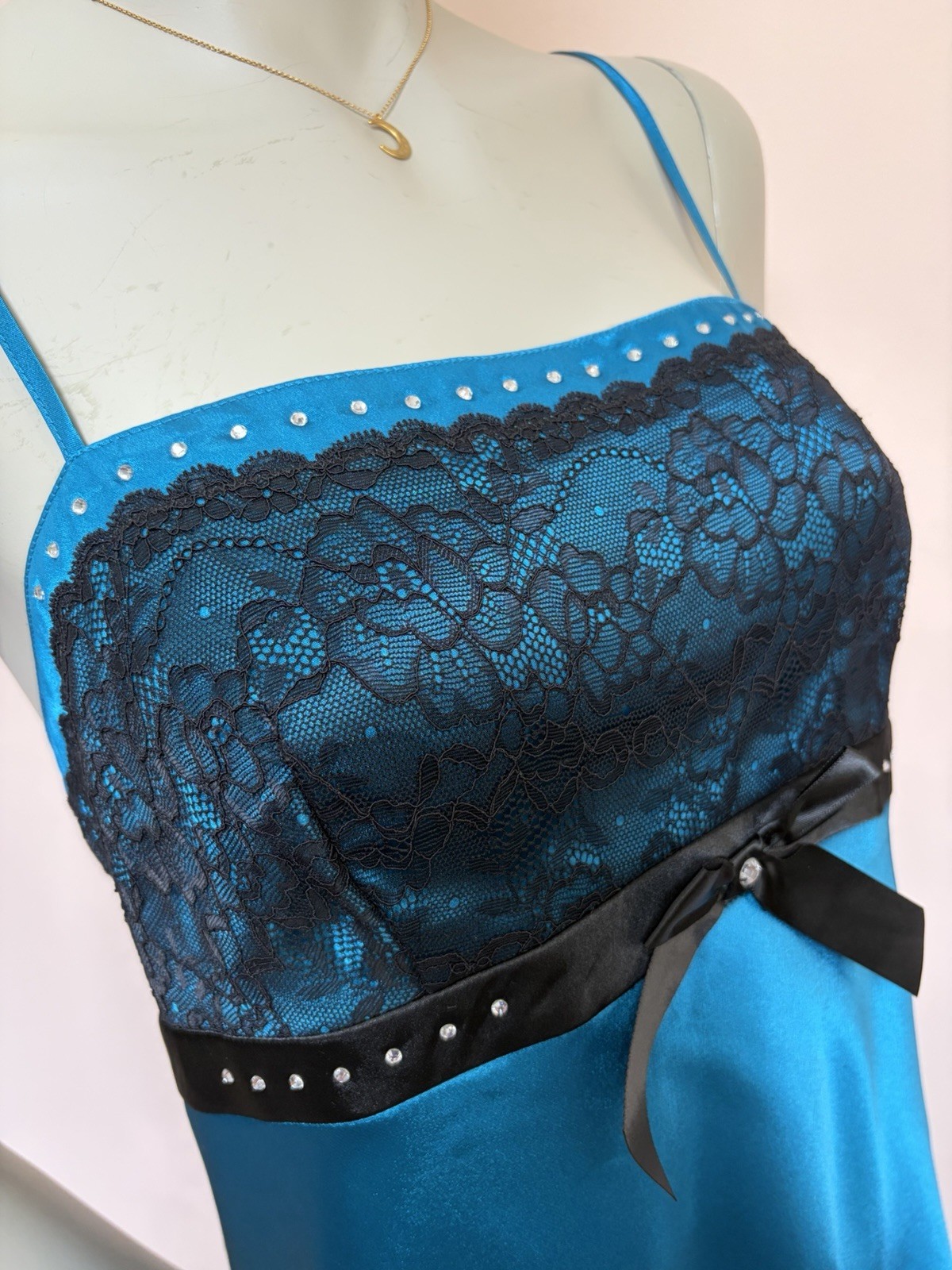 Vintage Y2K Morgan Taylor Teal Rhinestone Bows Satin Lace Slip Dress Chemise L