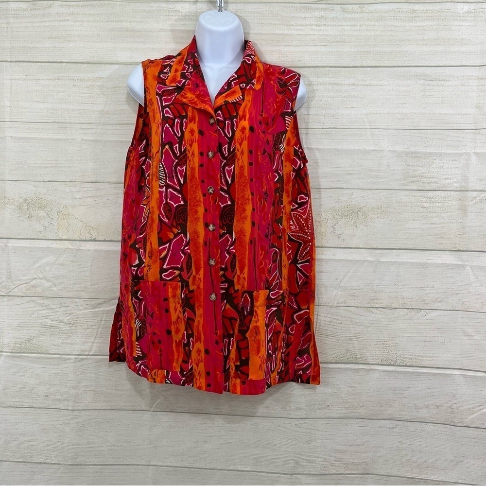 Casual Corner Blouse Womens Medium Silk Pink Orange Print Button Sleeveless VTG