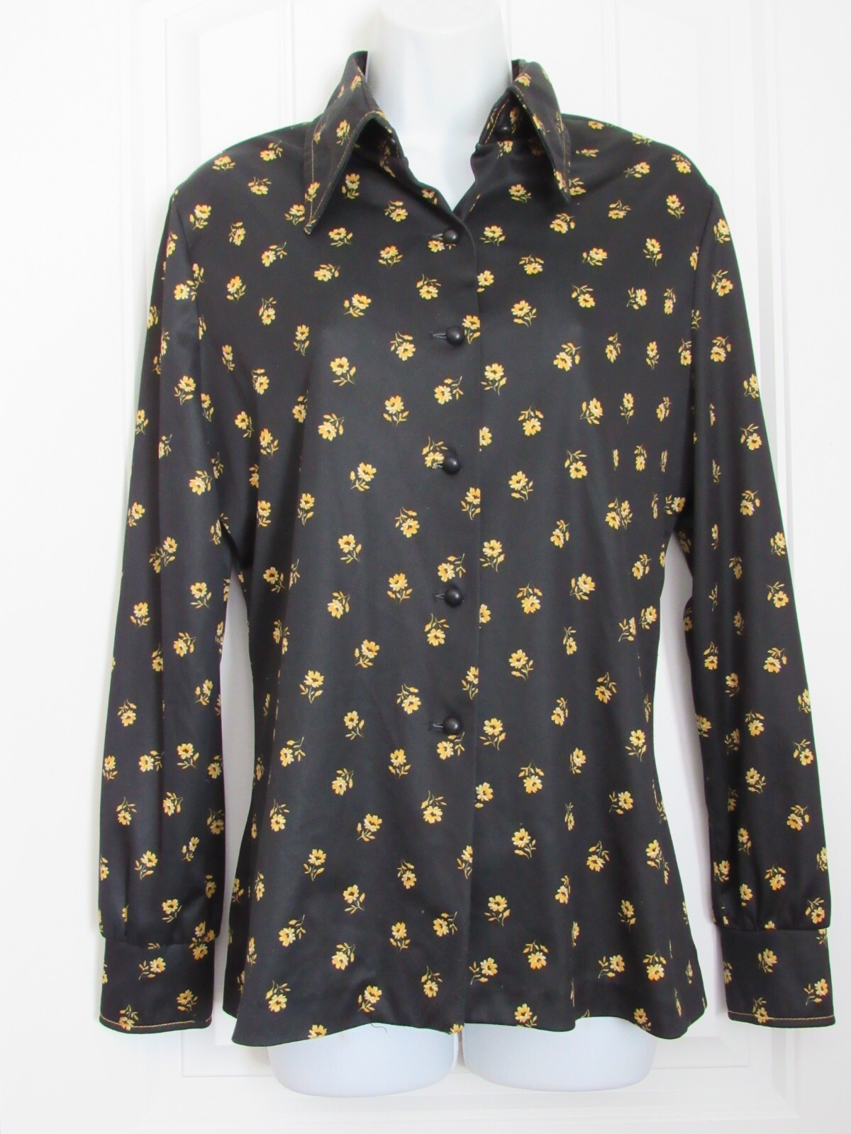 Jo Hardin Originals~ Vtg Long Sleeve Blouse~ Black Yellow Flowers~ 14 runs small