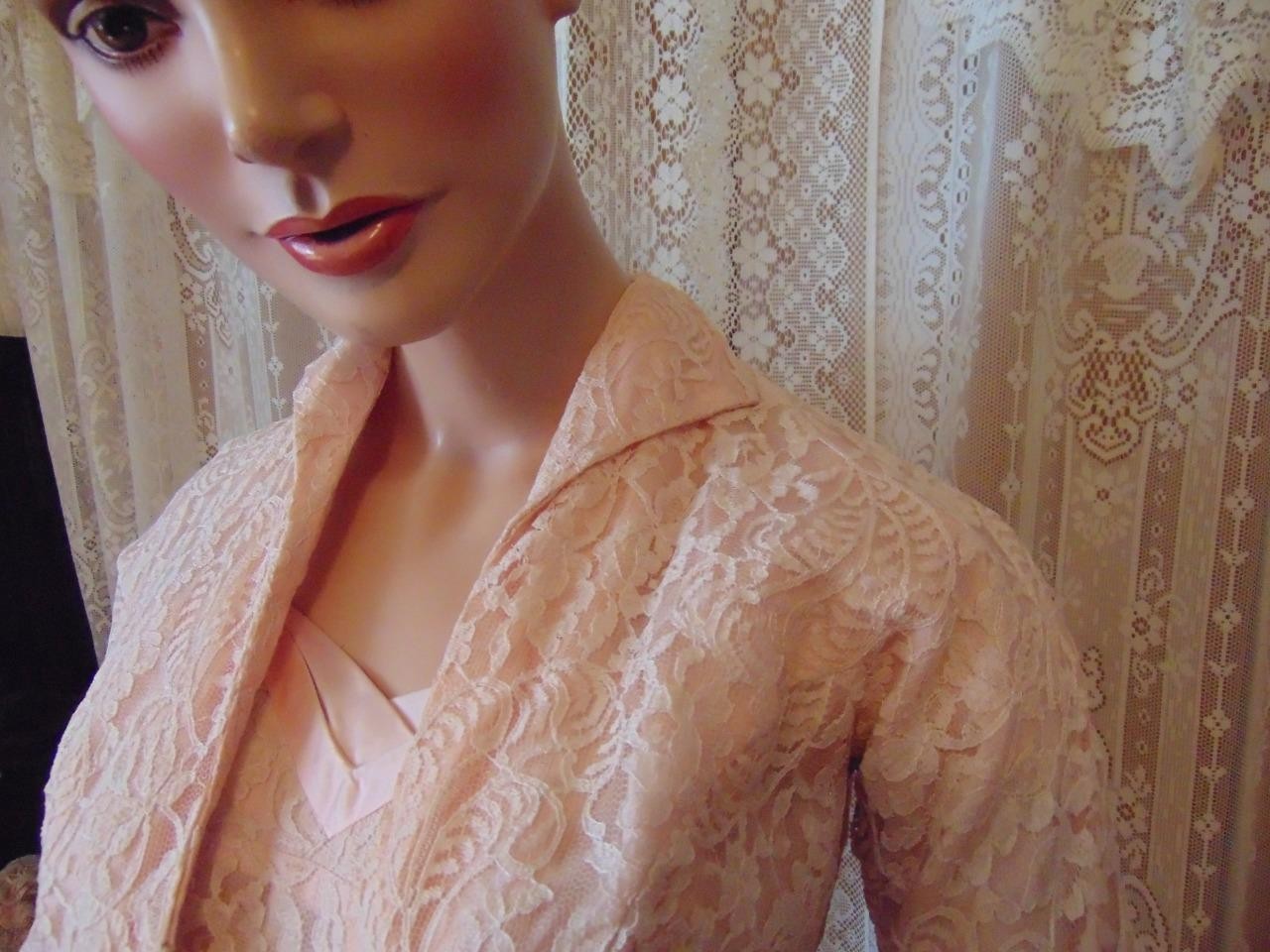 VTG 50s Pink Chantilly Lace & Satin Dress Jacket & Crinoline Slip 26W