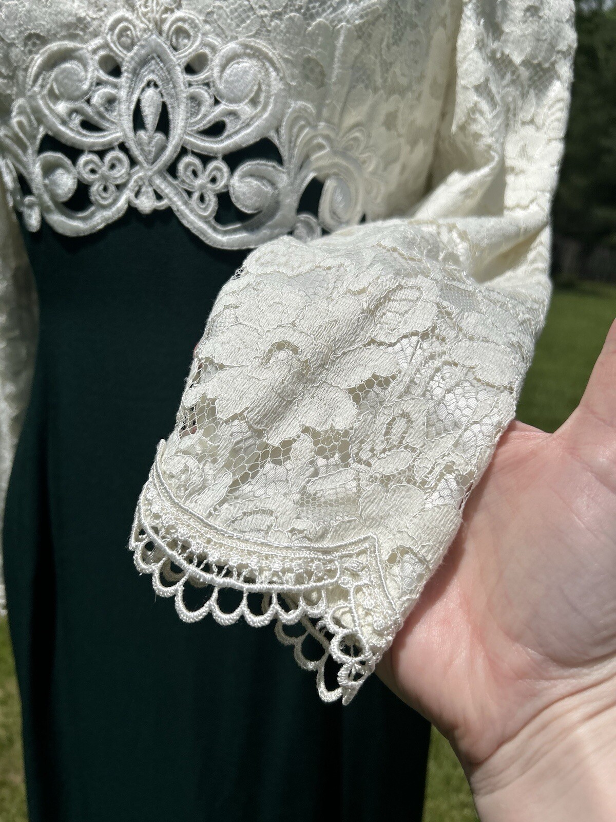 Vintage 90s Scott McClintock Ivory Lace Hunter Green Long Dress Cutout Back S M