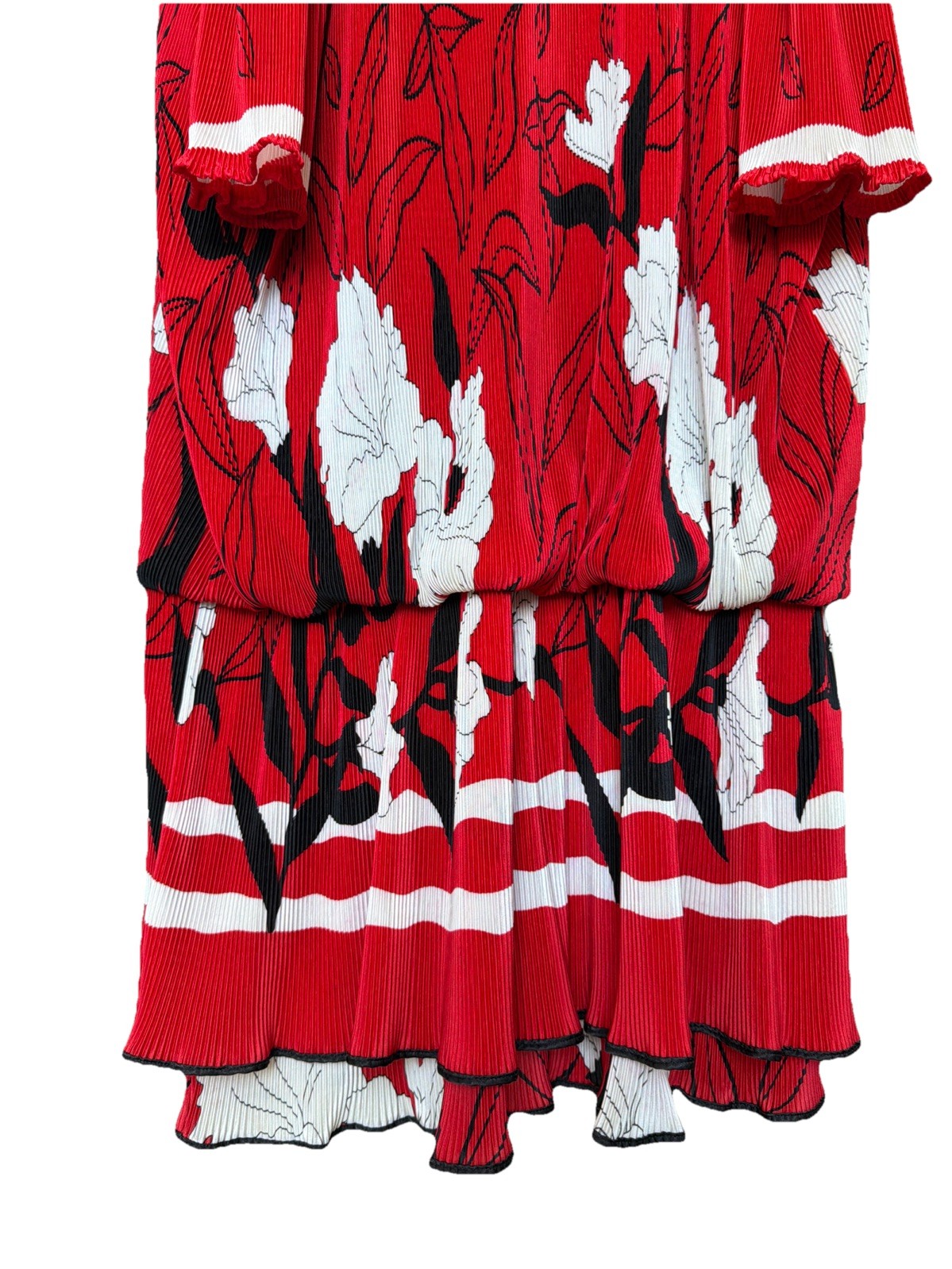 Vintage 80s Virginie Paris Red Floral Pleated Drop Waist Dress (Made In France)