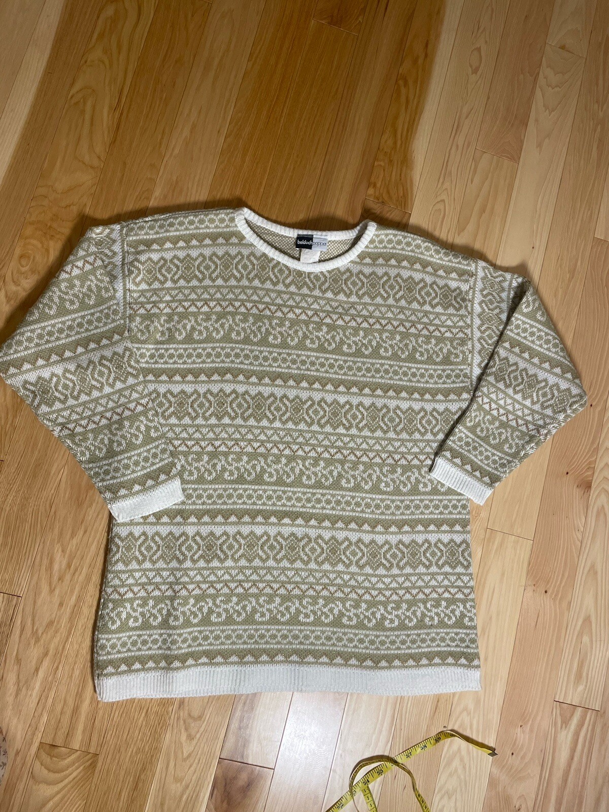 Womens EUC Beldoch Popper M Green, Metallic Gold & White Sweater