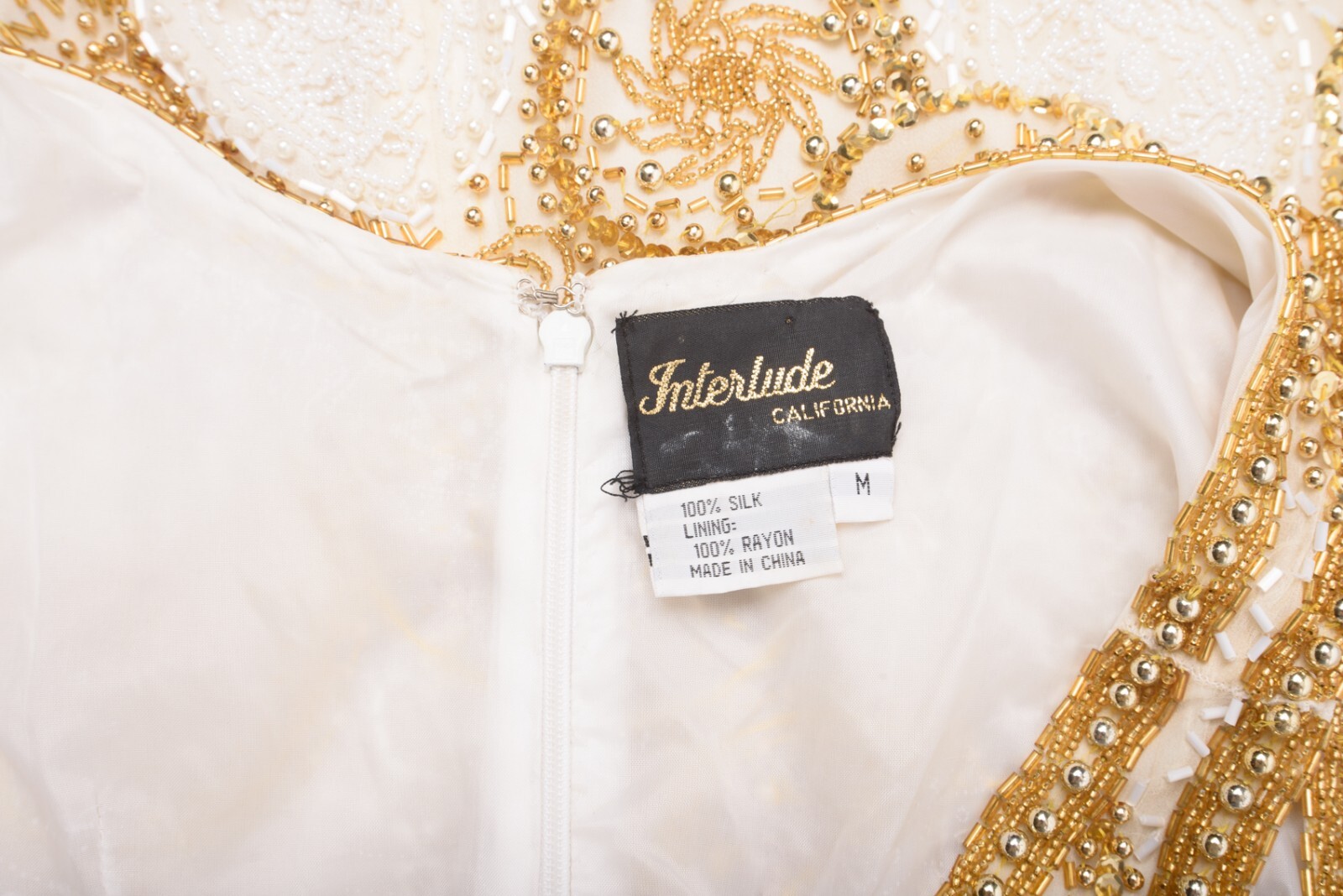 Vintage Interlude CA Womans Evening Shift Dress Size M Ivory Gold Beaded Silk