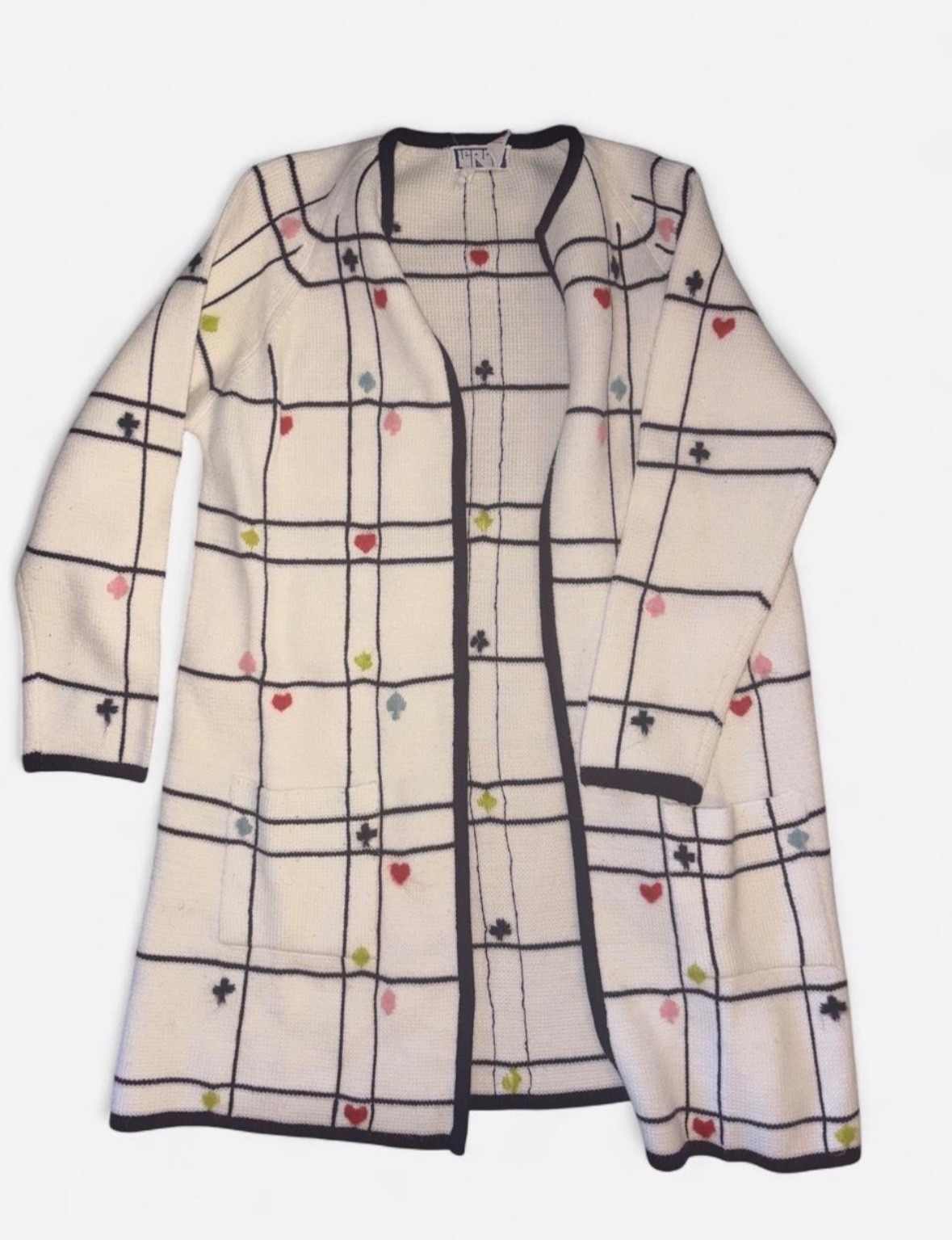 Vintage Leroy cardigan white with black grid pattern ft. hearts etc