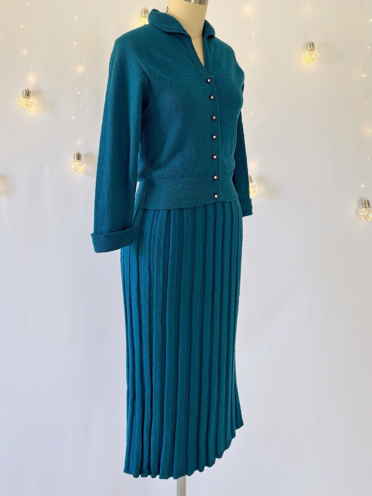 Vtg 40s 50s Knit Set Cardigan Sweater Skirt Teal Blue Chenille Wool Size S/M