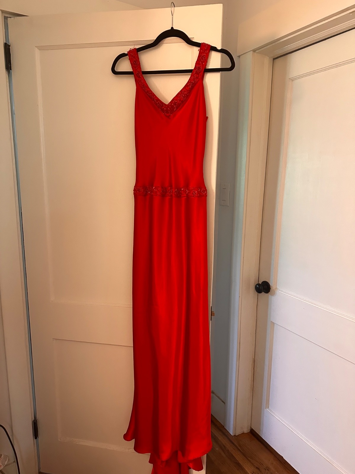 Vtg Niki by Niki Livas Red Satin Maxi Gown Dress Beaded Sequin Prom Formal Drop