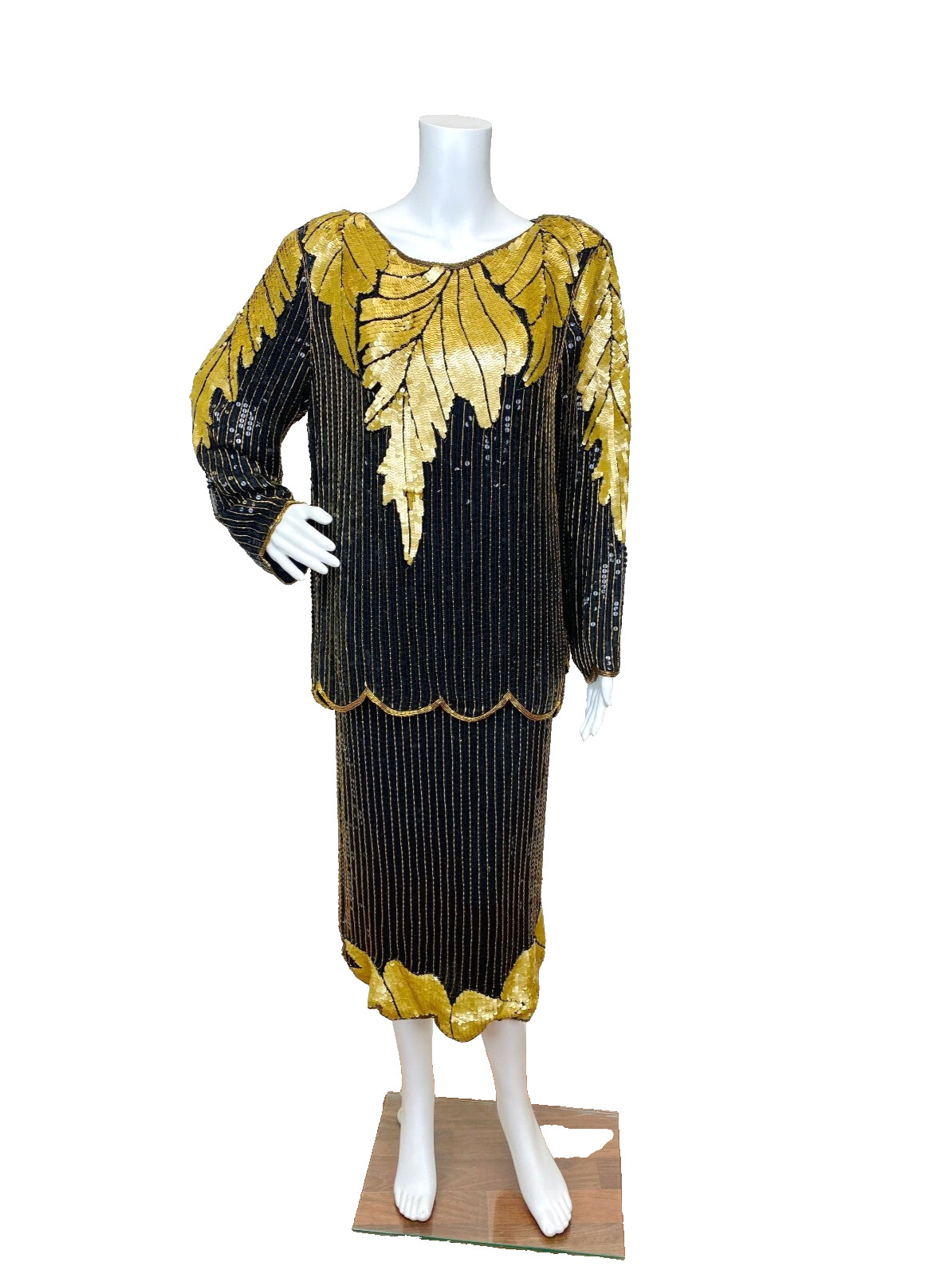 Vintage 1980s Does 1920s Sequins and Beaded Blouse and Skirt Set Gold and Black
