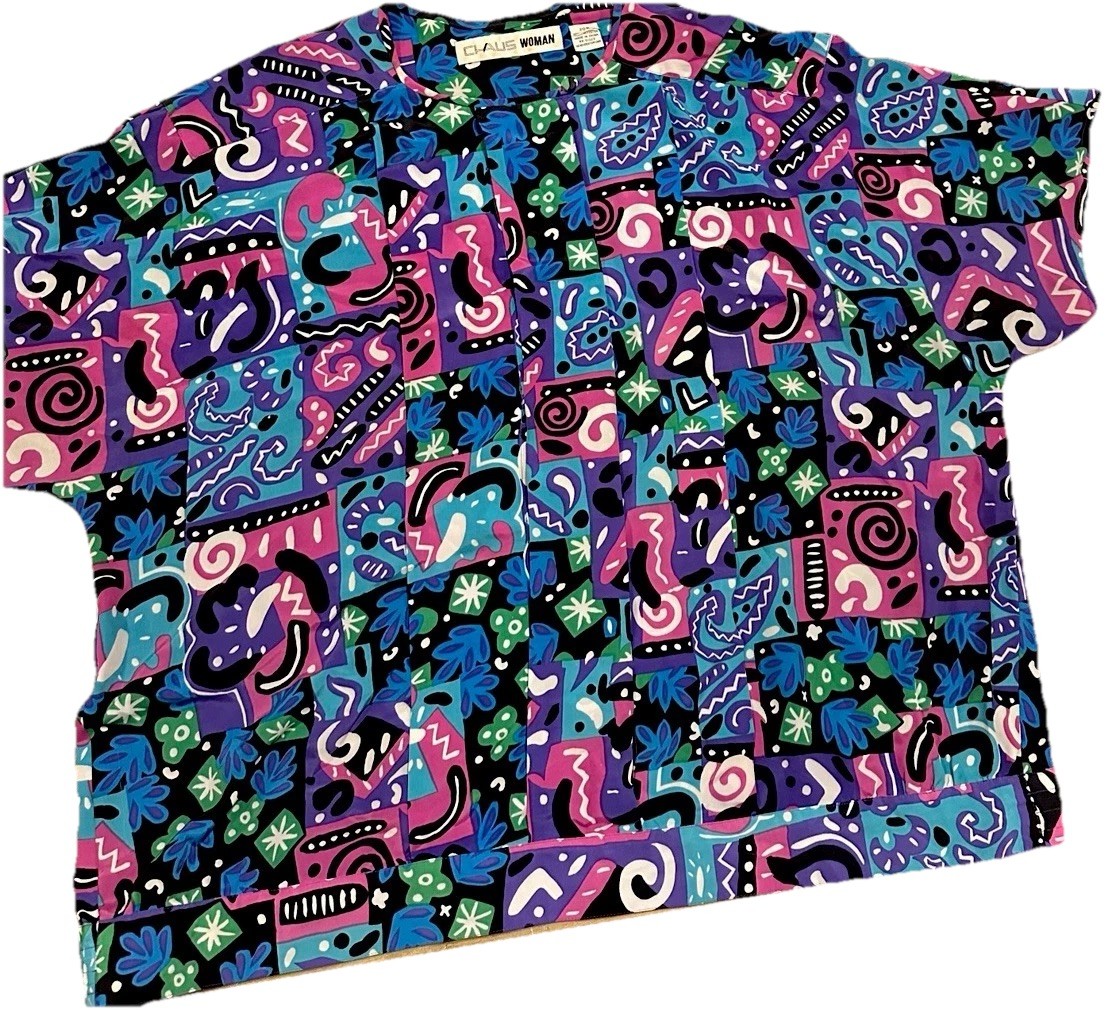 Vintage Chaus Woman 20W Vintage Abstract Blouse Colorful 90s Button Front Top