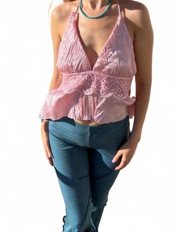 Vintage silky satin Delicate baby Pink halter top w/ lace detailing and sequins